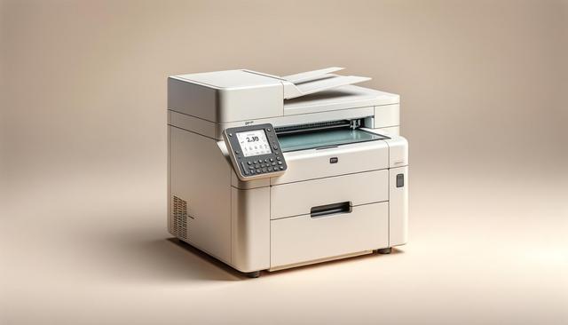 White multifunction printer with integrated control panel on a neutral background.