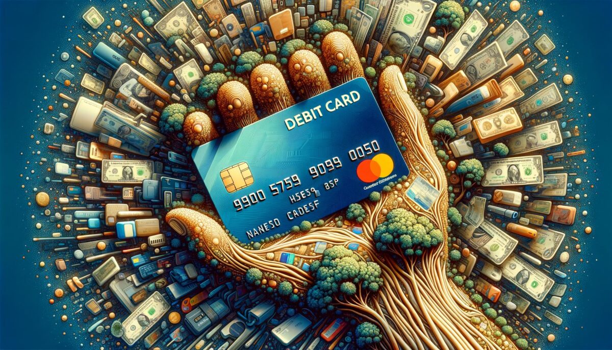 A hand made of tree roots holds a debit card surrounded by money and technology.