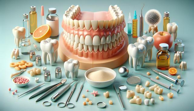 Denture model surrounded by dental tools, teeth, and fruits on a light blue background.
