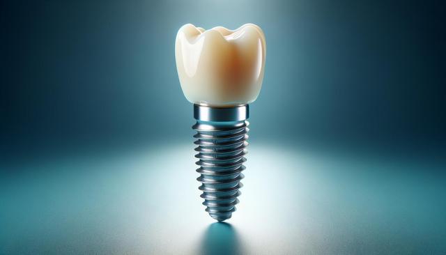 A dental implant with a metal screw and a ceramic crown on a blue background.