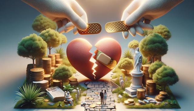 Two gloved hands place bandages on a large, cracked heart surrounded by coins, trees, and statues.