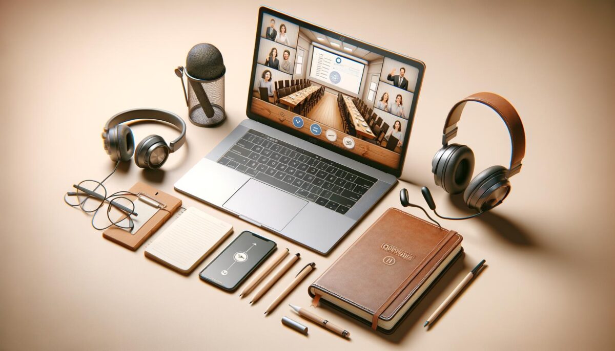 A laptop on a desk showing a virtual meeting, surrounded by headphones, a microphone, glasses, a notebook, pens, and a smartphone.