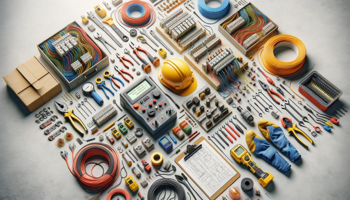 A neatly arranged collection of electrical tools, wires, and safety gear like a helmet and gloves on a white surface.