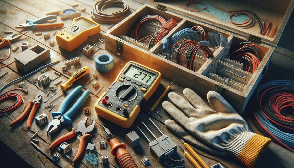 A wooden table with electrical tools, wires, and a multimeter displaying 277.