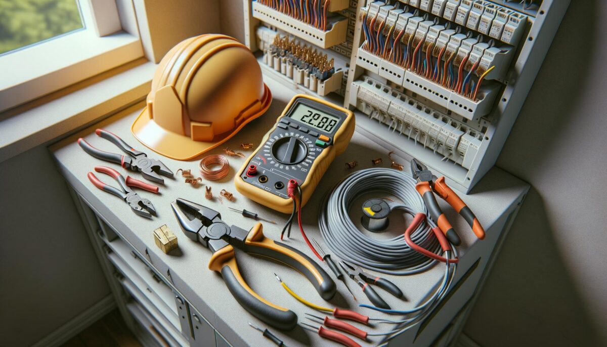 A workbench with electrical tools, a hard hat, wires, and a multimeter beside an open circuit panel.