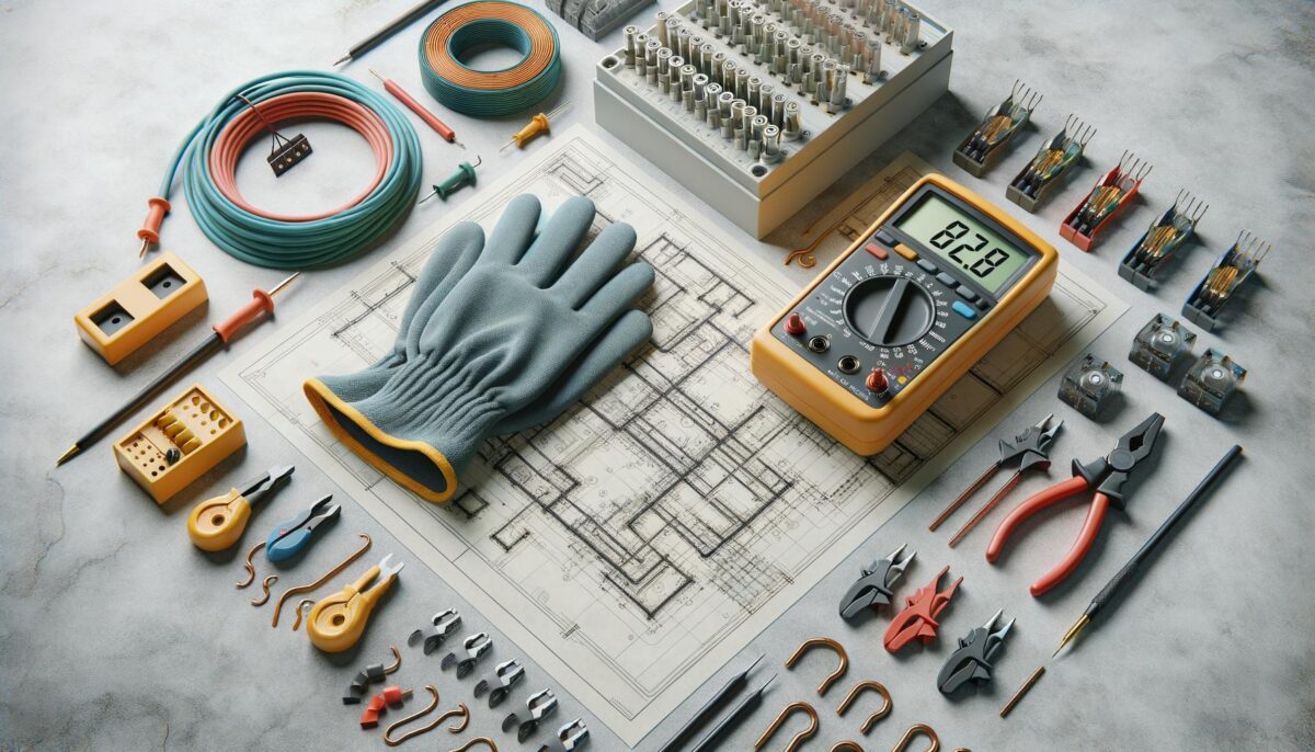 Electrical tools and equipment arranged around a blueprint, including gloves, wires, connectors, and a multimeter.