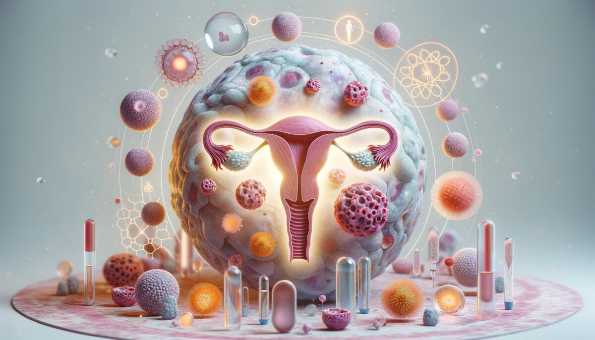 Abstract illustration of a uterus surrounded by cellular and molecular structures, pills, and vials.