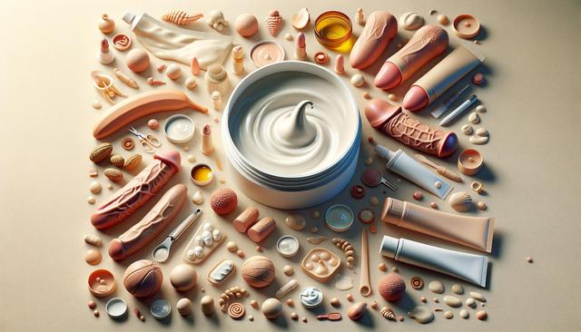 Assorted cosmetic and skincare items arranged around a jar of cream, with a pastel color scheme.