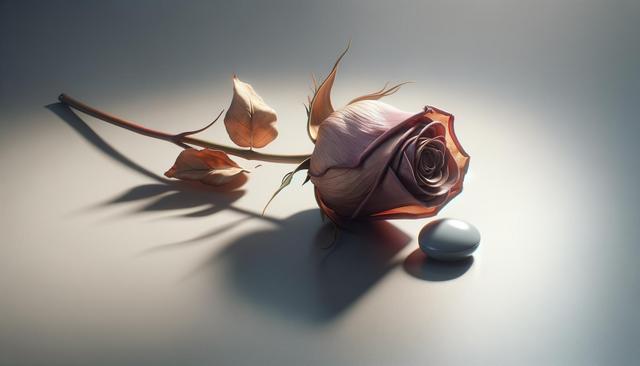 A pink rose with brown leaves on a smooth surface beside a smooth stone.