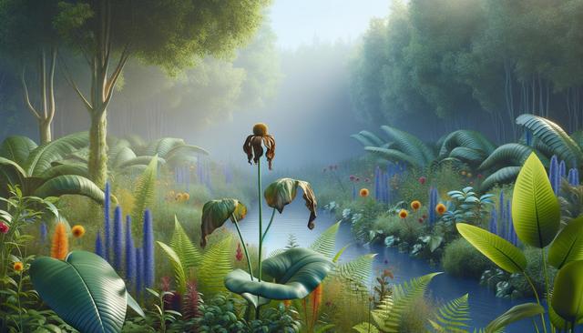 A lush, vibrant garden with tall trees, colorful flowers, and large leafy plants surrounding a serene river.