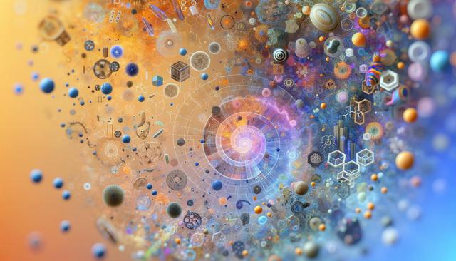 Colorful abstract artwork with spirals, geometric shapes, and floating orbs on a gradient background.