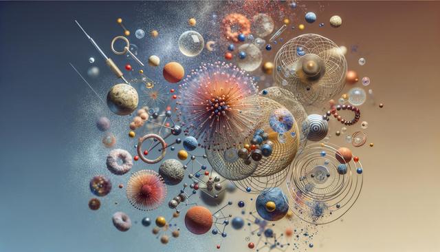Abstract, colorful spheres and geometric shapes interconnected, creating an intricate floating structure against a gradient background.