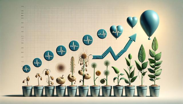 Potted plants gradually growing taller with blue heartbeat icons and arrows above them, symbolizing growth and progress.