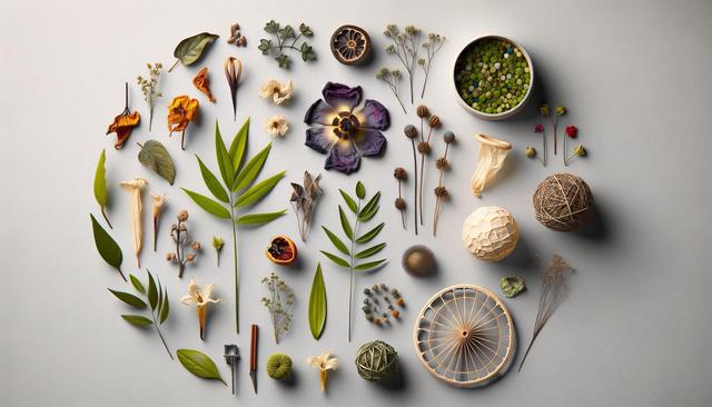 An assortment of dried leaves, flowers, seeds, and small natural objects arranged artistically on a light surface.
