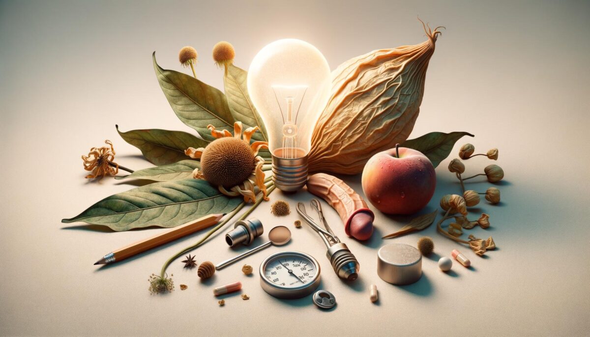 A lit lightbulb surrounded by leaves, an apple, a pencil, a thermometer, pills, and various small objects.