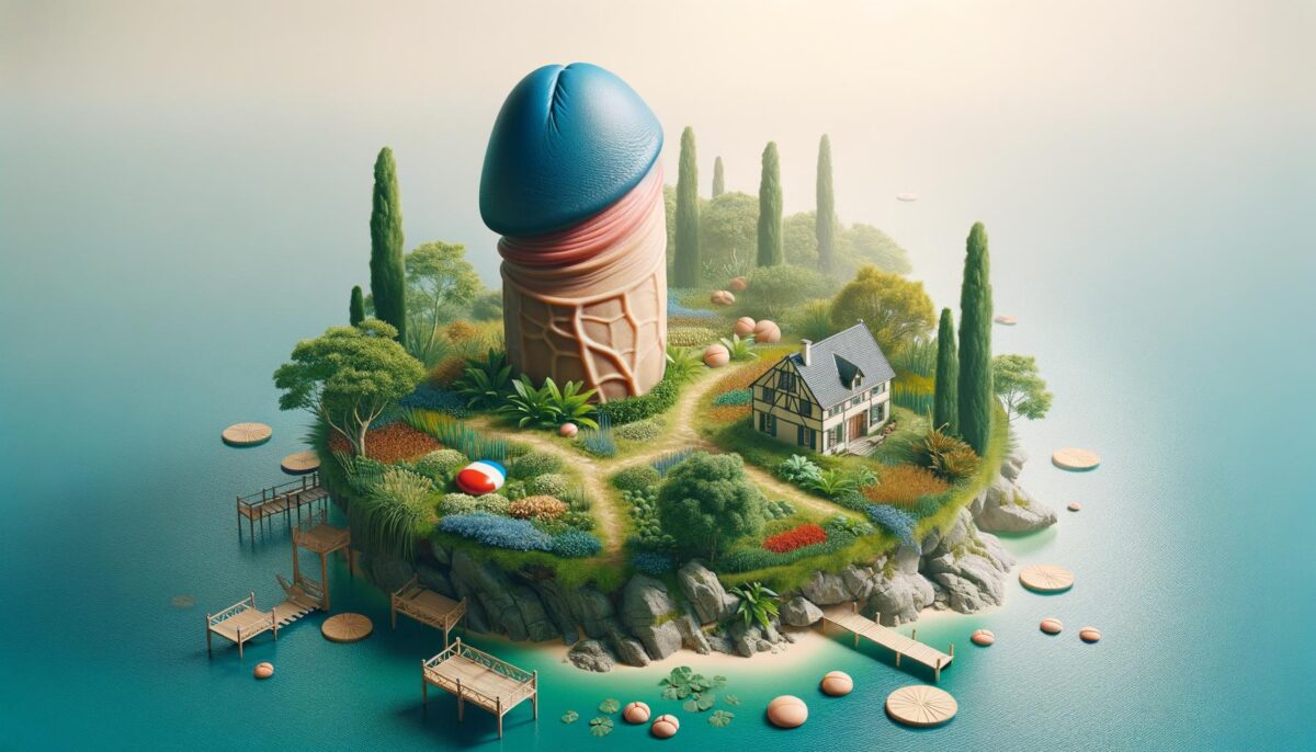 A surreal island with a giant peanut planting, trees, a house, and wooden docks over turquoise water.