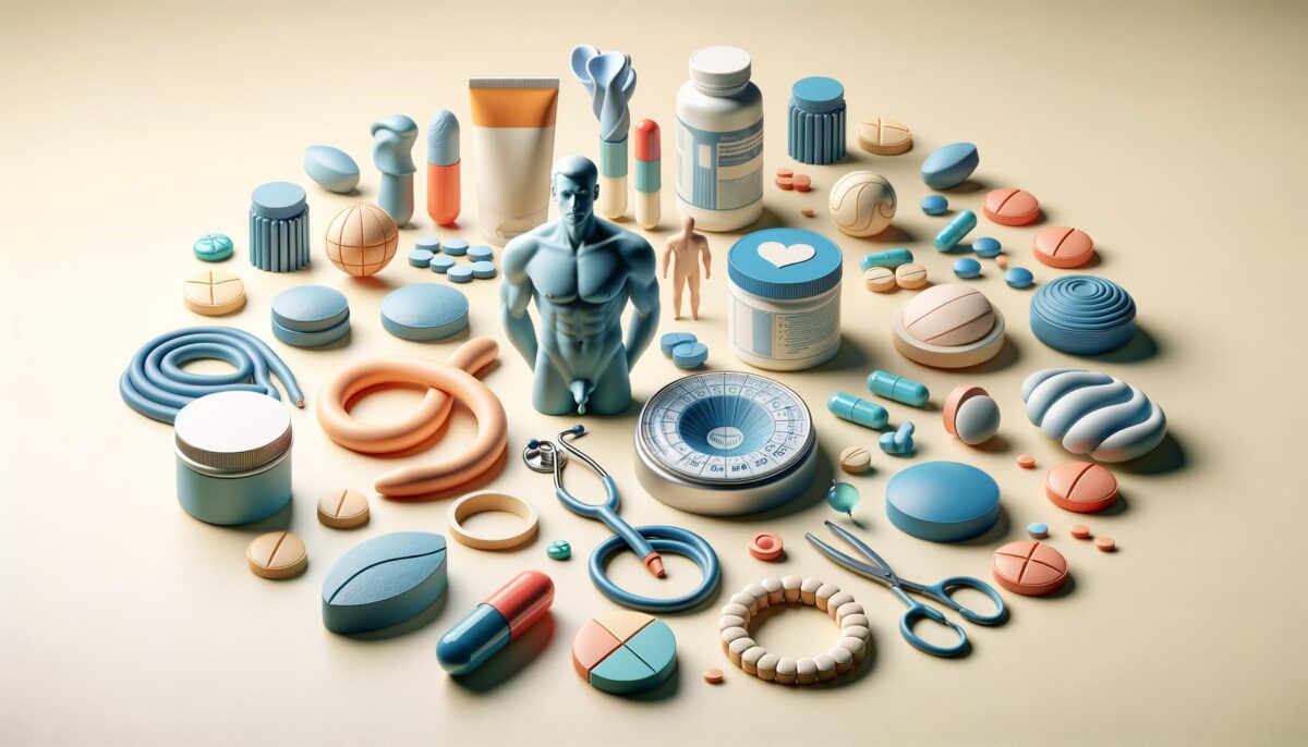 Various medical-themed objects and pills are arranged around a blue anatomy model.