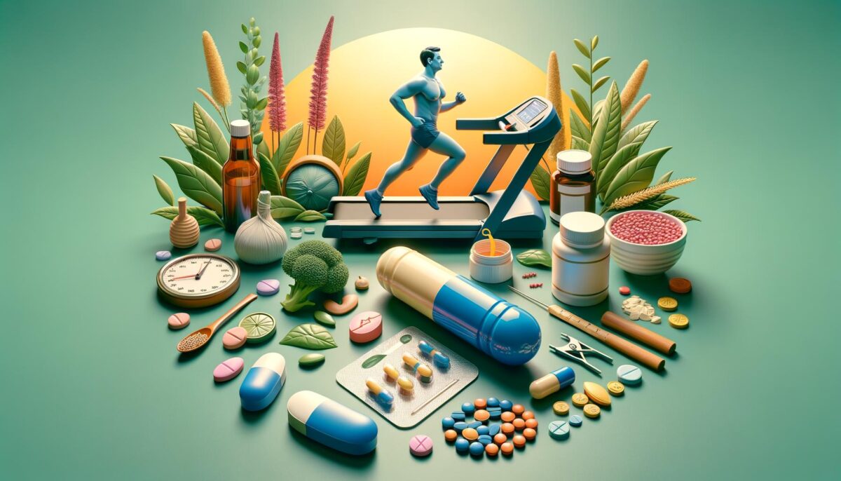 Illustration of a person running on a treadmill surrounded by plants, pills, supplements, and health-related items.