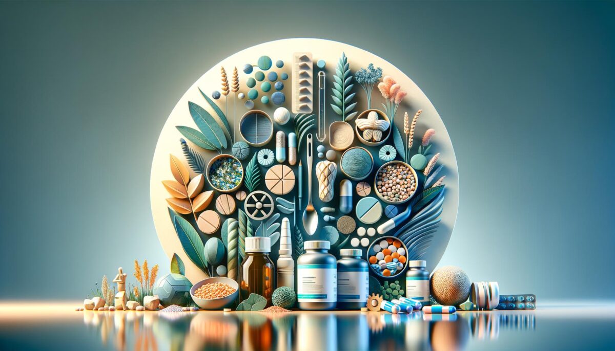 A circular arrangement of various plants, leaves, pills, and capsules in a serene, artistic composition with a gradient blue background.
