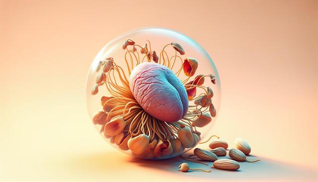 A large, detailed seed surrounded by sprouts in a transparent bubble, set against a gradient background.