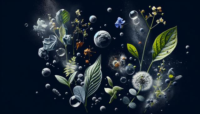 Floating leaves, flowers, and bubbles on a dark background, resembling a cosmic floral scene.