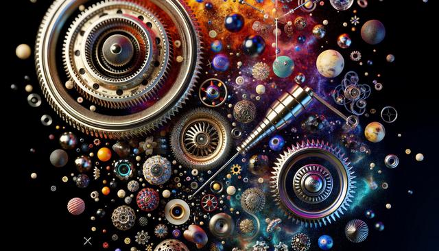 Intricate gears and metallic spheres set against a colorful nebula backdrop.