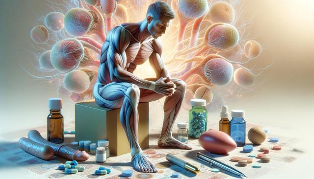 A muscular person sitting amidst various medications and molecular structures, suggesting a focus on health or biotechnology.