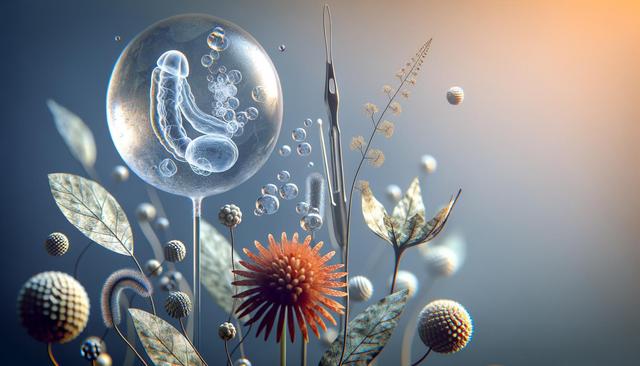 Surreal scene with floating leaves, bubbles, and abstract shapes, featuring a glowing circular form.