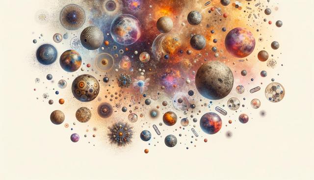 Abstract depiction of a cosmic scene with multicolored planets and particles floating in a space-like environment.