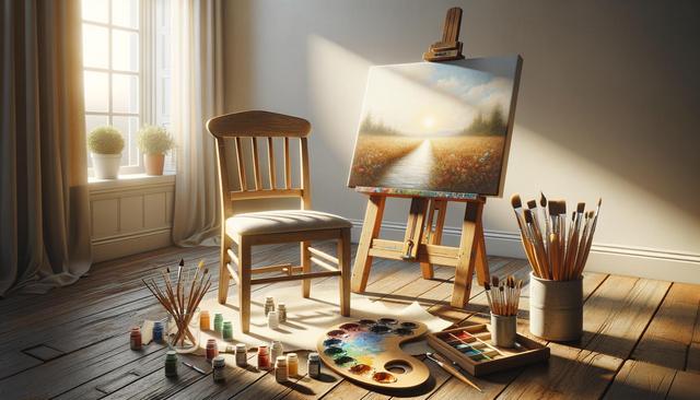 A sunlit room with an easel holding a landscape painting, surrounded by a chair, paintbrushes, and paint jars.