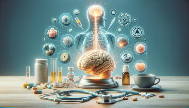 Medical-themed scene with a human silhouette, brain, pills, stethoscope, and molecular visuals on a table.