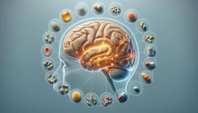 Illustration of a glowing human brain with pills and viruses surrounding it.