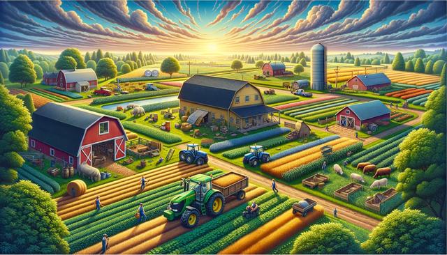 Colorful, idyllic farm scene with barns, tractors, crops, and animals under a dramatic sky.
