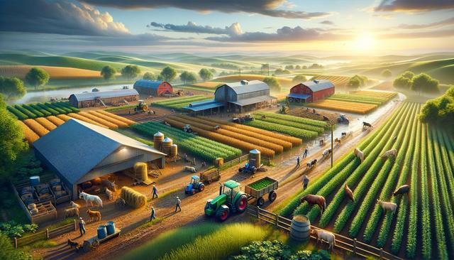 A vibrant farm scene with fields, tractors, barns, animals, and farmers working under a sunrise.
