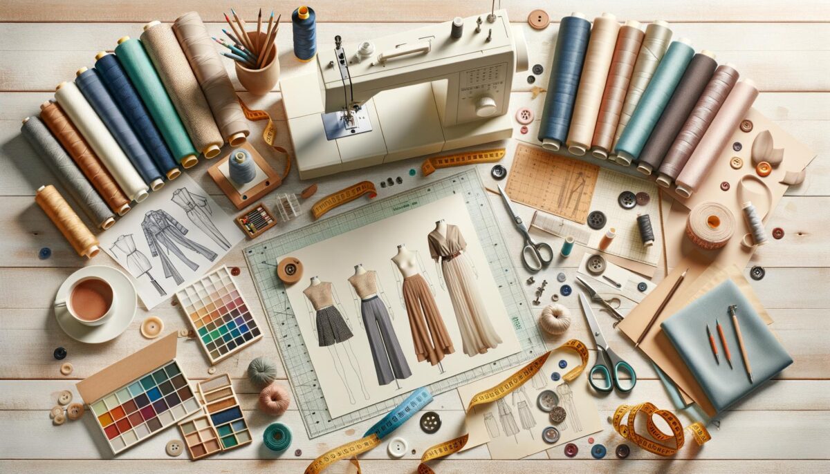 Sewing workstation with a sewing machine, fabric rolls, sketches, thread, buttons, scissors, color swatches, and other tools on a wooden table.
