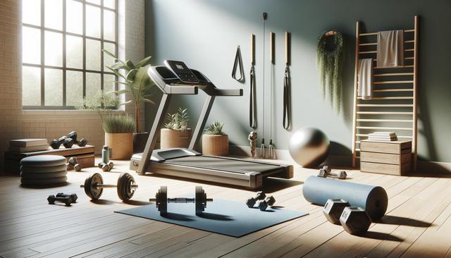Sunlit home gym with a treadmill, dumbbells, yoga mat, exercise ball, plants, and wall bars.
