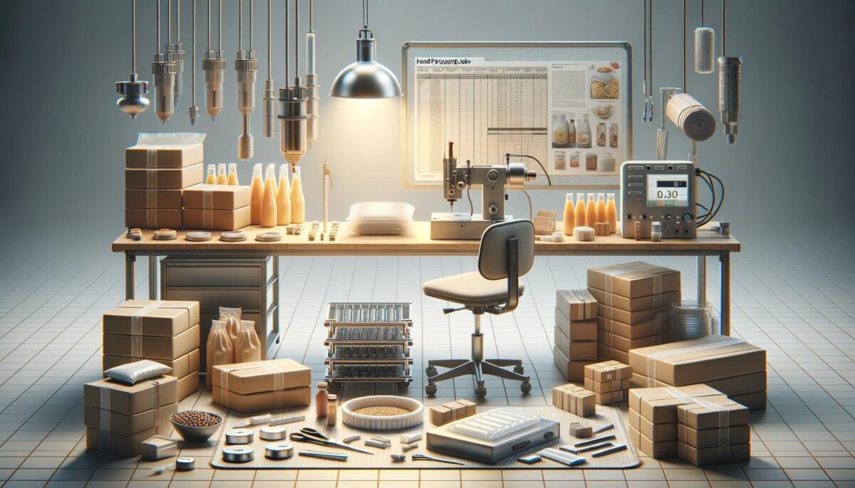 A food packaging lab with machines, boxes, bottles, and various equipment on a tiled floor.
