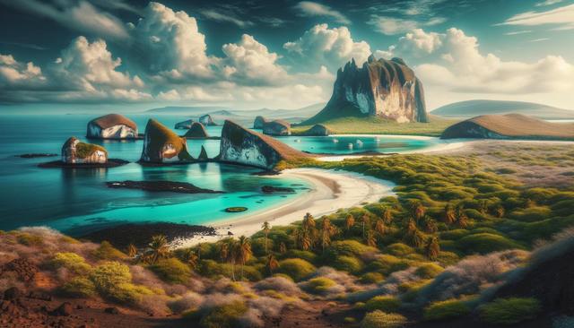 Scenic view of turquoise waters, unique rock formations, and lush green vegetation under a partly cloudy sky.