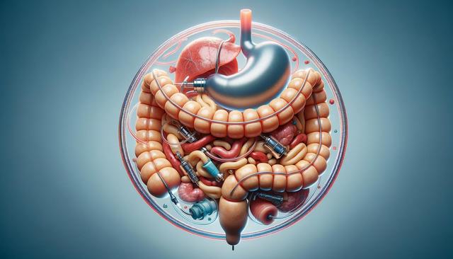 Futuristic depiction of human digestive system with mechanical components and tubes.
