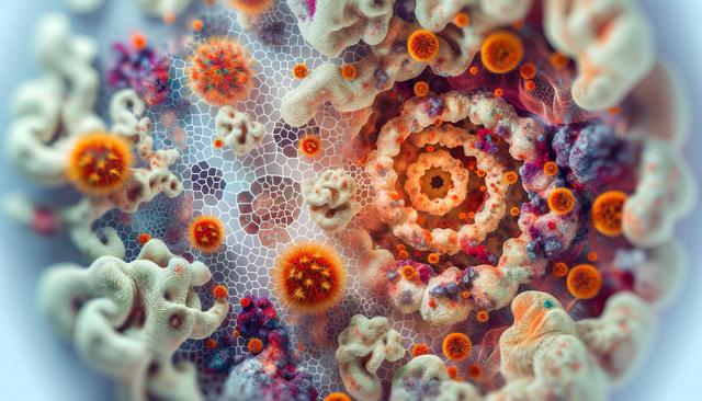 Abstract image featuring intricate, organic shapes in cream and orange, resembling a microscopic view.