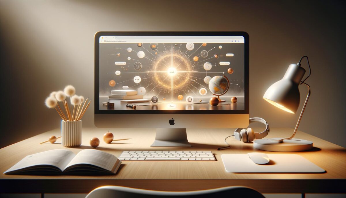 A computer screen on a desk showing a network diagram with glowing center, surrounded by books, a lamp, a globe, and a vase.