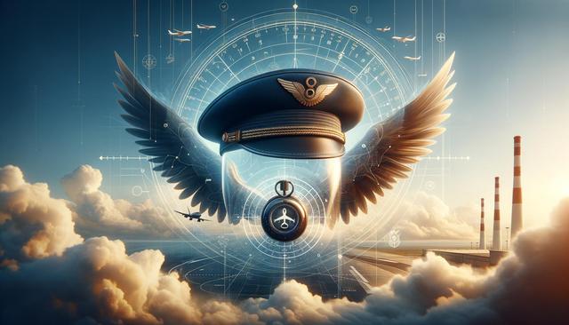 A pilot hat with wings, surrounded by a clock and flying planes, set against a sky with clouds and smokestacks.