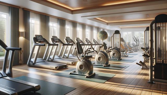 A bright, modern gym with treadmills, stationary bikes, and weight machines.