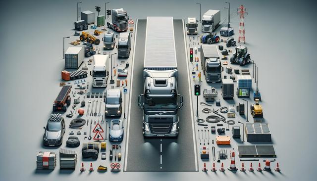 A truck on a road surrounded by various construction vehicles, equipment, road signs, and materials neatly arranged.