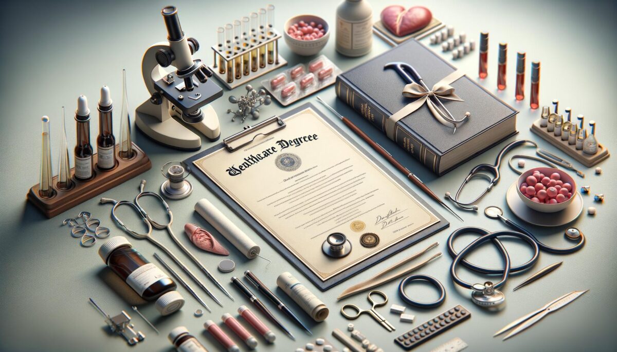 Medical tools, stethoscope, microscope, pills, diploma, and textbooks arranged neatly on a table.
