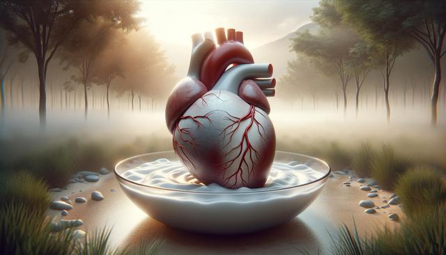 A realistic human heart rests in a bowl of milk in a misty forest setting.