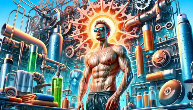 A muscular man with sunglasses stands amidst gears and pipes, with a glowing sun behind him.