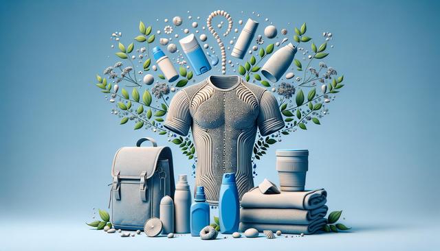 Sports gear and toiletries with leaves on a blue background.
