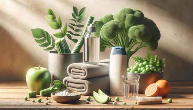 Natural-themed still life with green apple, broccoli, towel, plants, glass, and toiletries on wooden surface.
