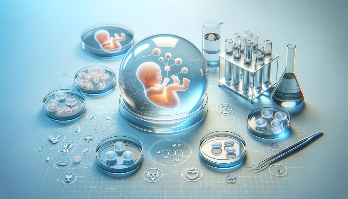 Futuristic lab scene with a fetus in a glass dome surrounded by petri dishes, test tubes, and scientific symbols.